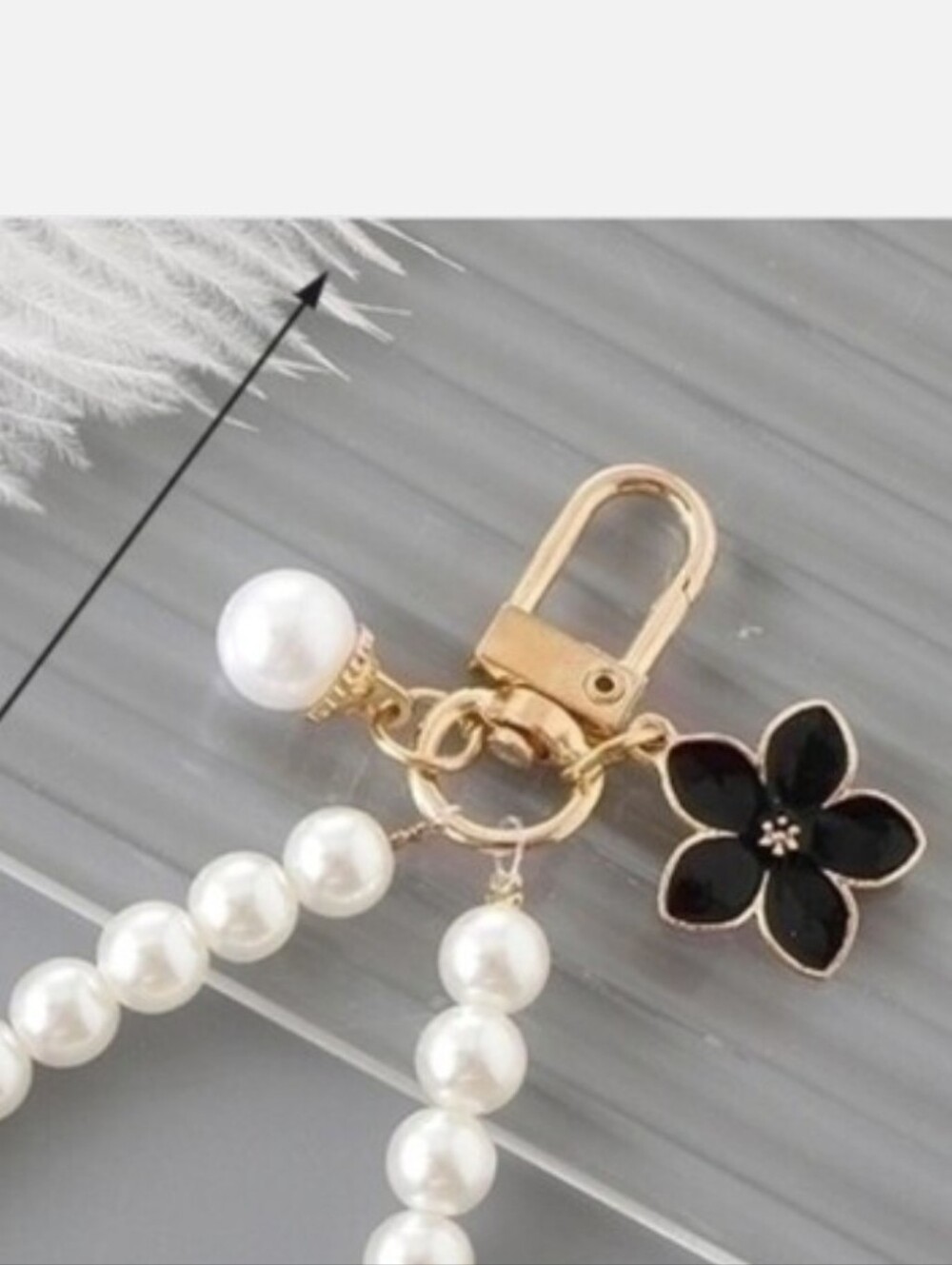 Pearl Beaded Keychain/Bag Charm with Black Flower